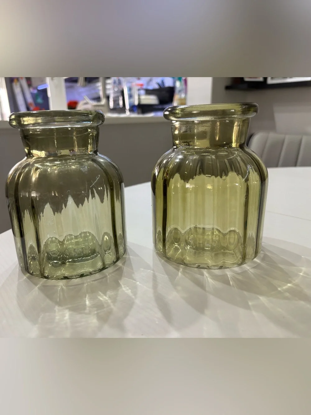 Vintage DPS IVY Olive Green Ribbed Glass Vases - Set of 2